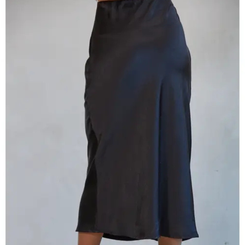 Woven Satin Black Midi Skirt|6450