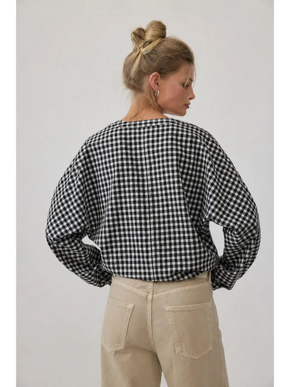 Gingham Drawstring Blouse|8080