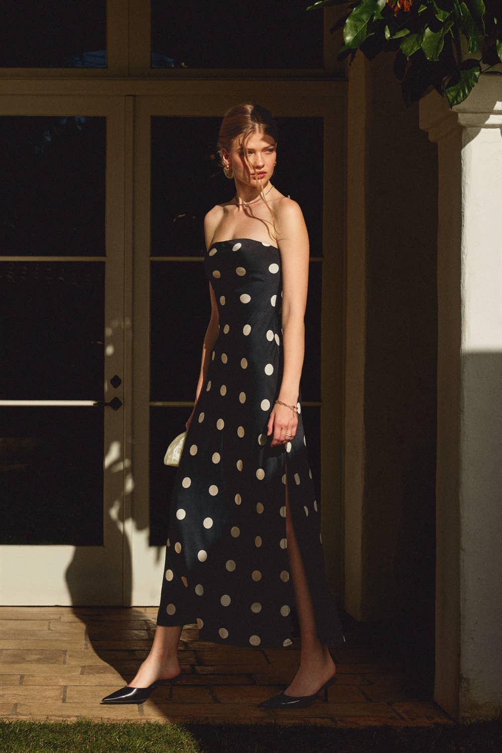Polka Dot Satin Strapless Maxi Dress