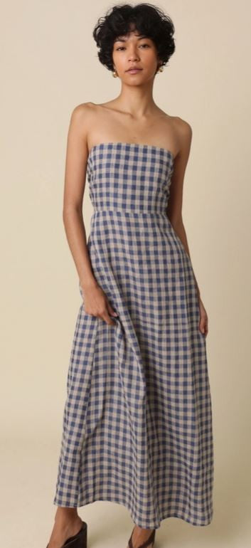 Gingham Strapless Linen  Dress|7641