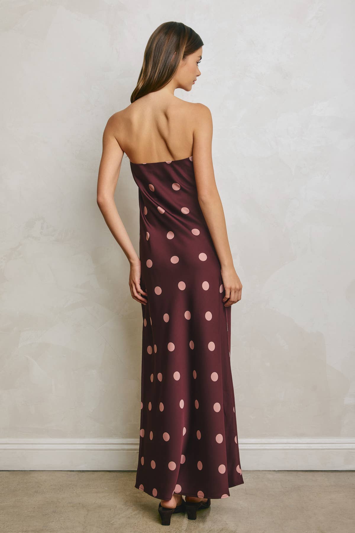 Polka Dot Satin Strapless Maxi Dress