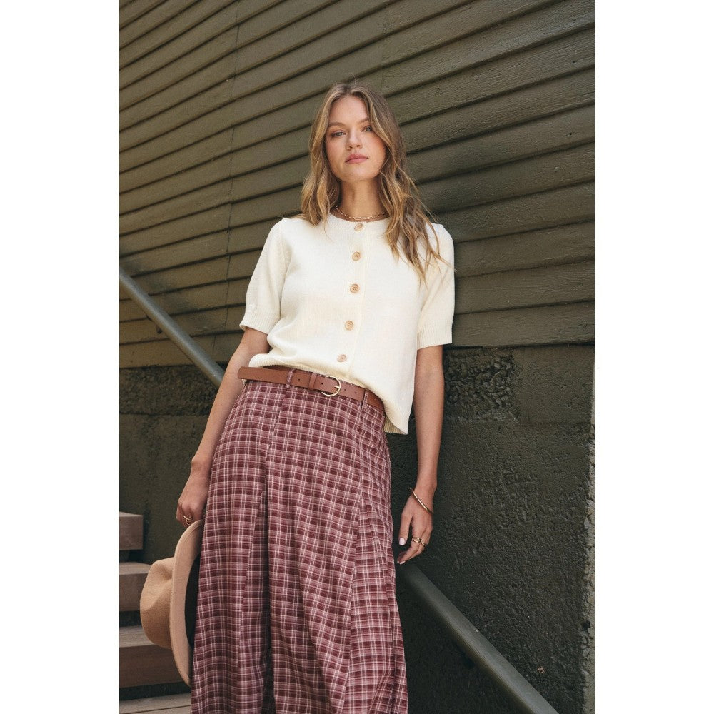Plaid Flare Maxi Skirt w/ Belt|8073