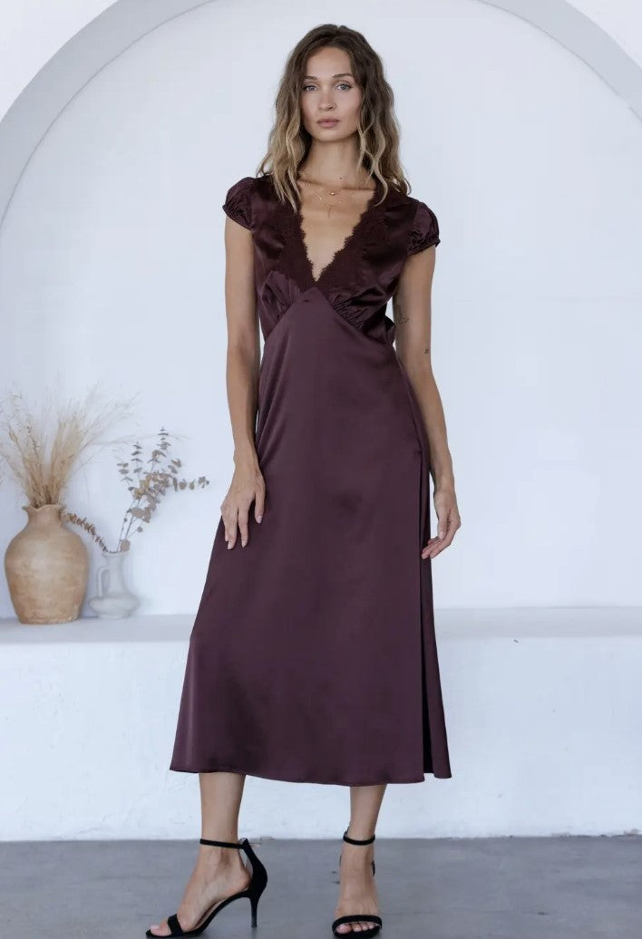 Satin Lace Trim Midi Dress|8352