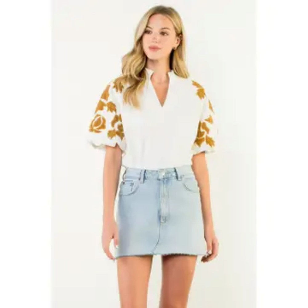 Emb Chenille Floral Puff sleeve top|6481