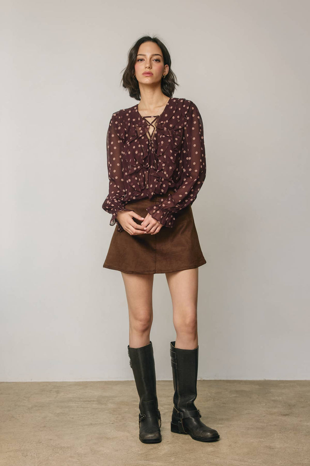 Polka Dot Lace Up Ruffled Blouse
