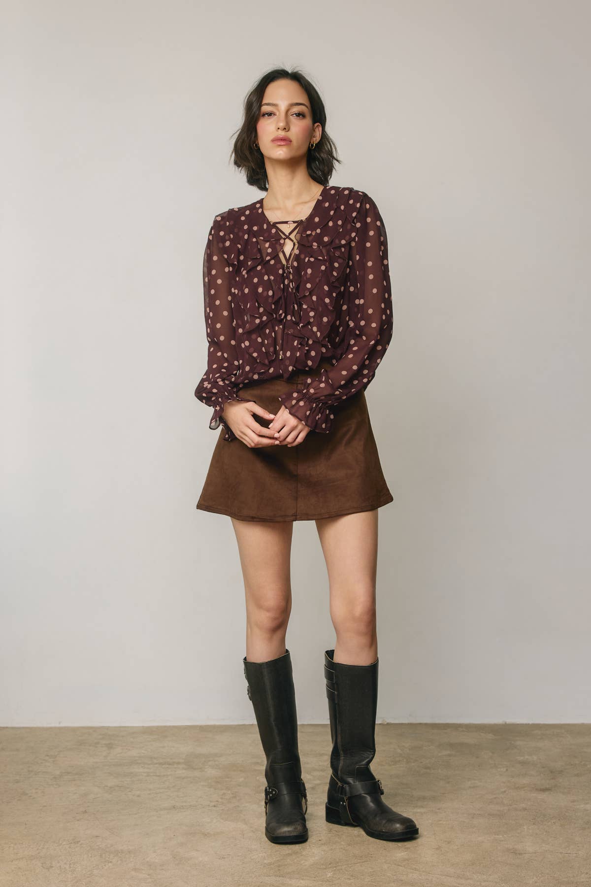 Polka Dot Lace Up Ruffled Blouse