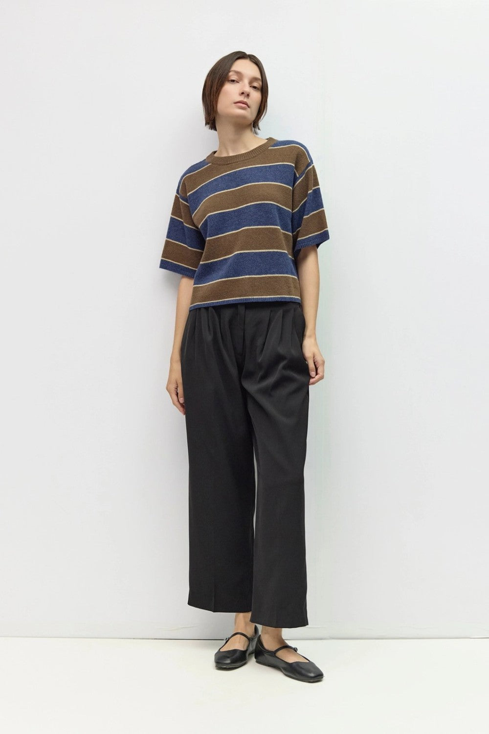 Striped Elbow Sleeve Sweater|8008