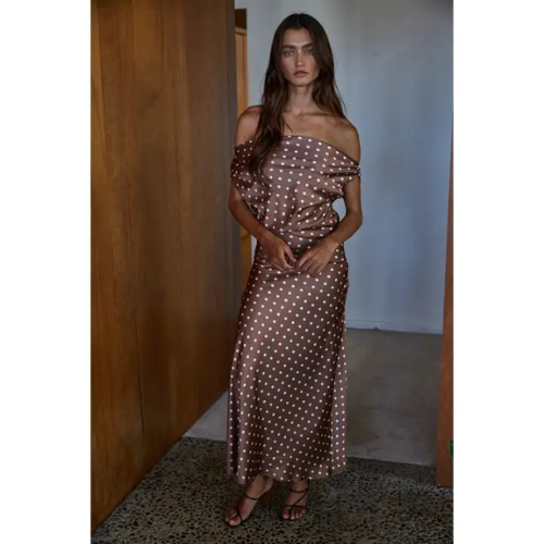 Satin Polka Dot Midi Dress|6752