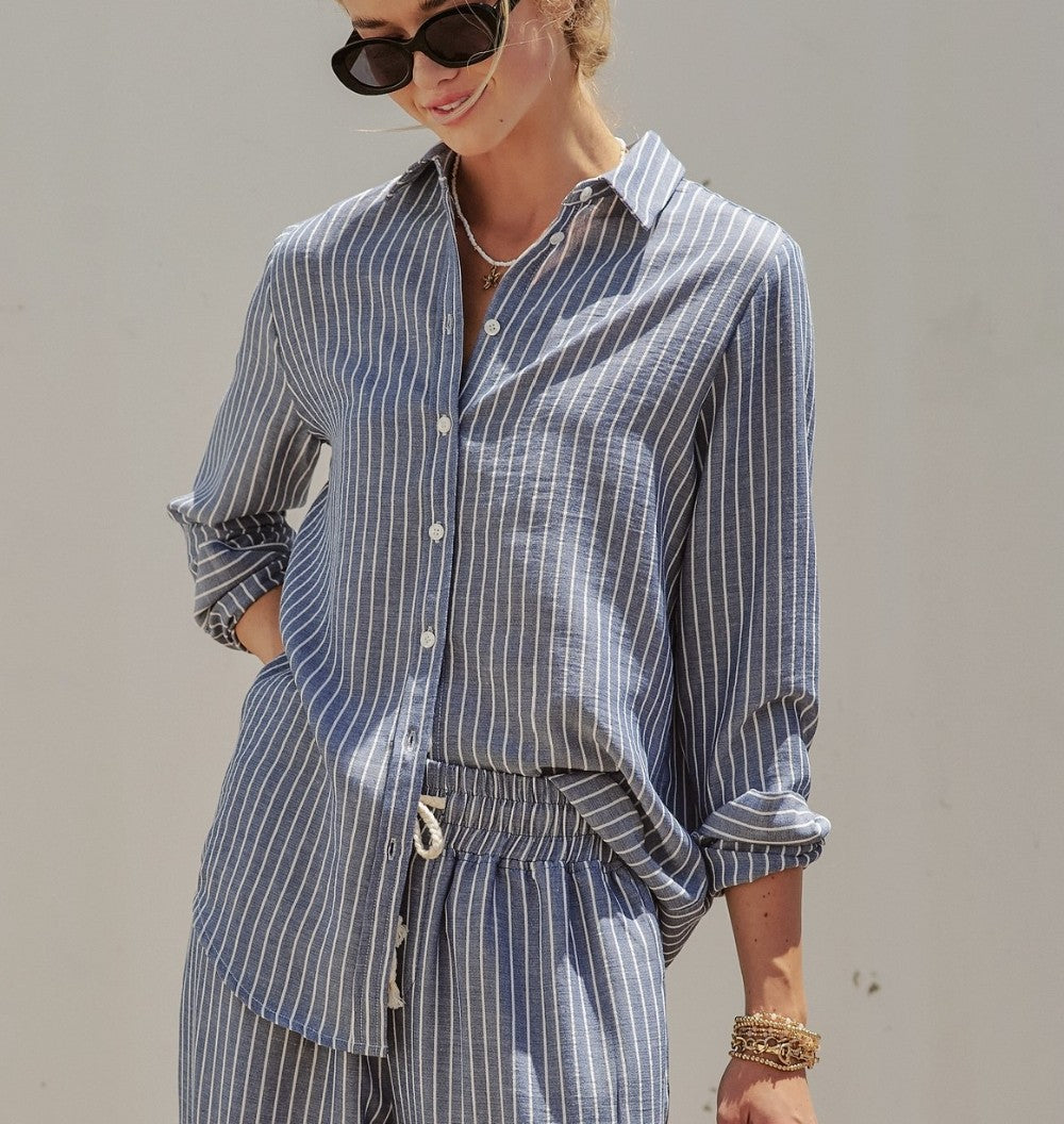 Navy Linen Long Sleeve Button-Down Shirt|7891