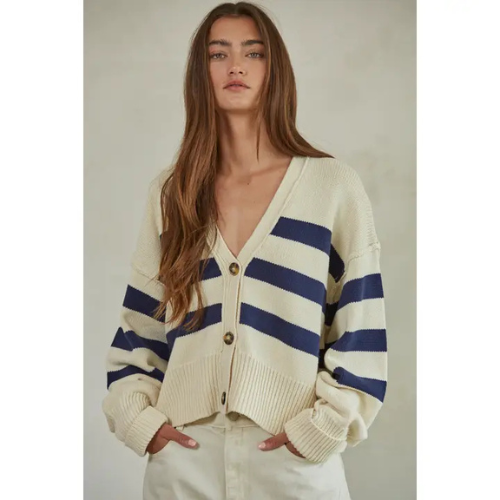 Navy Striped Button-down Sweater|6710