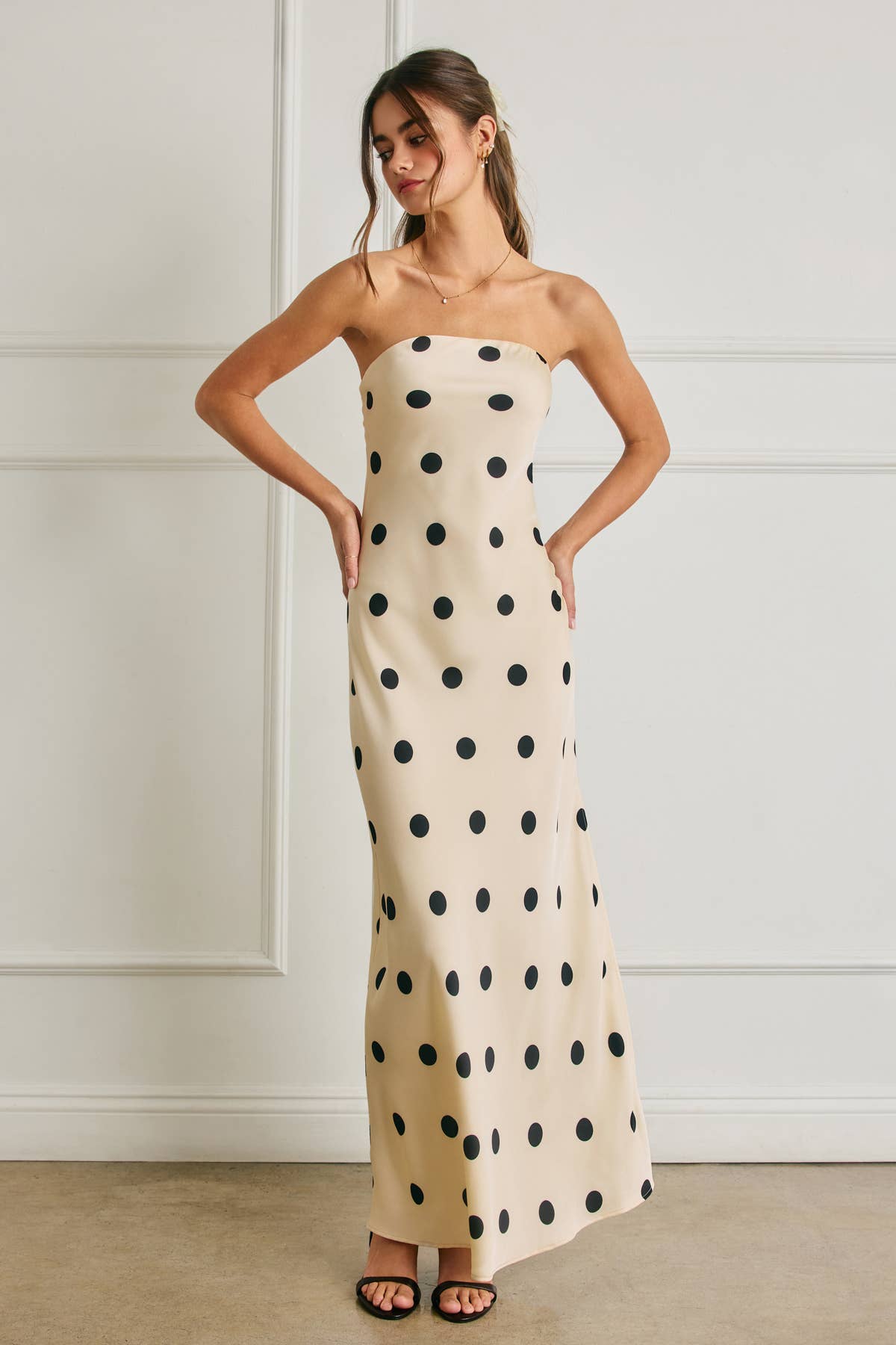 Polka Dot Satin Strapless Maxi Dress