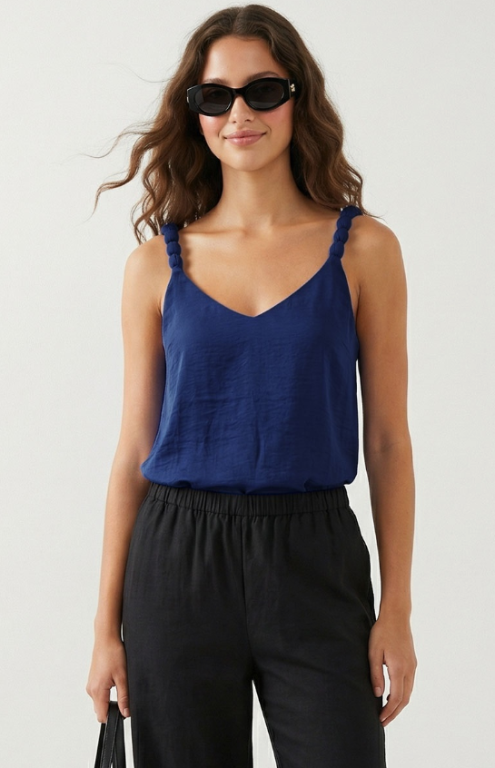 Navy V-Neck Tank Top w Strap Accent|7514