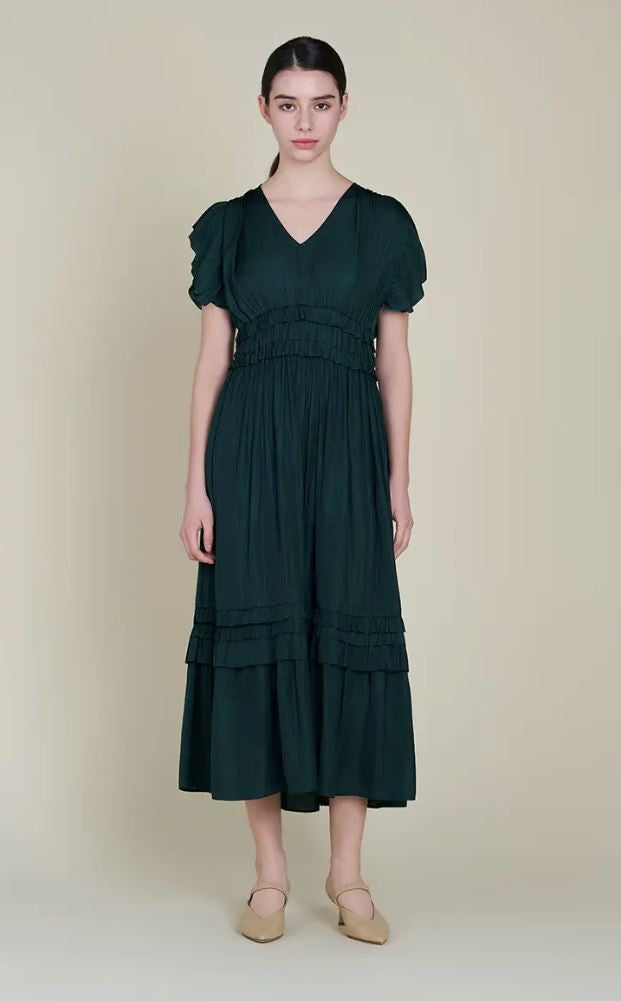 Satin V- Neck Dress emerald|6287
