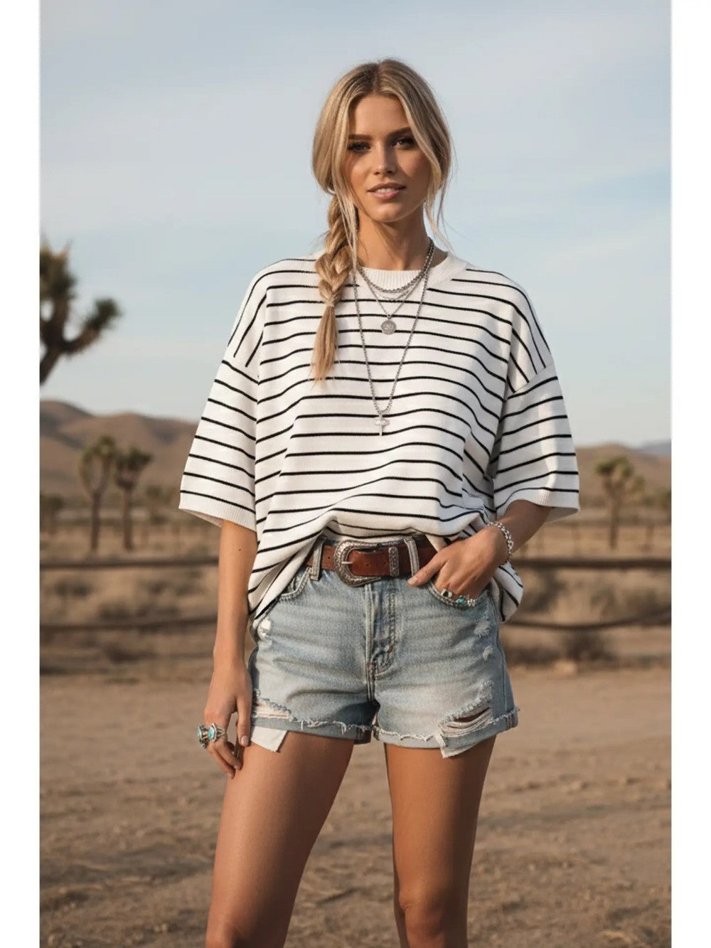 Oversized Striped Knit Top - White|7900