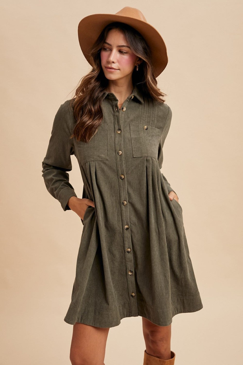 Corduroy Pintuck Olive Dress|6829
