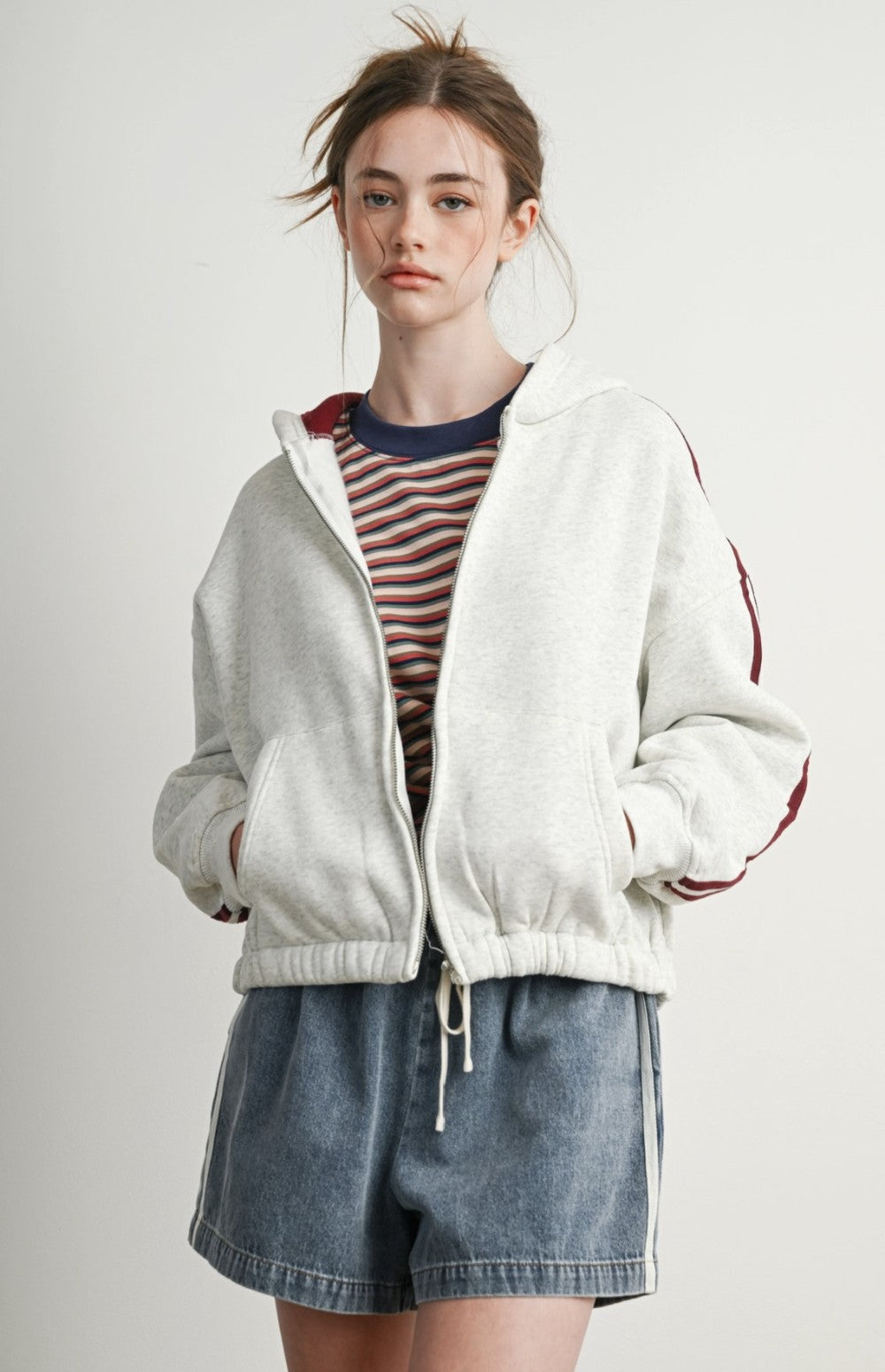 Side Stripe Zip-Up Hoodie|8369