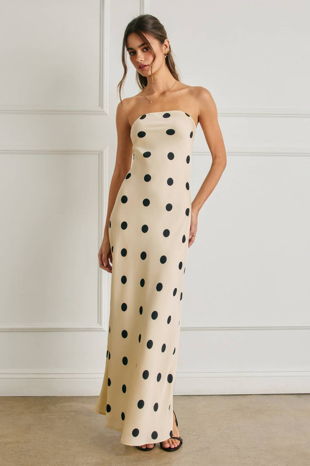 Polka Dot Satin Strapless Maxi Dress