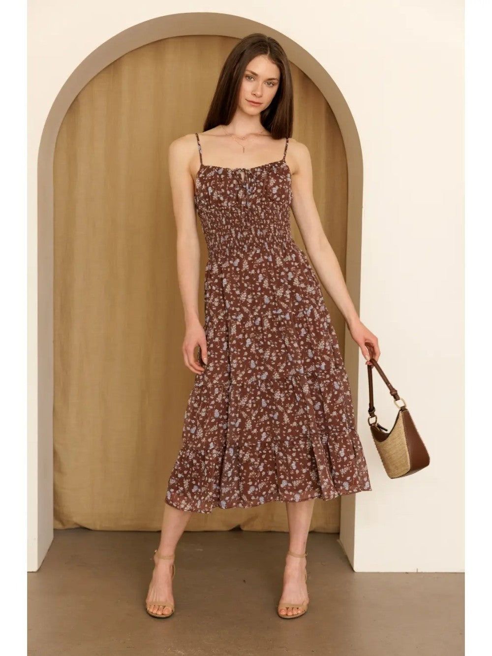 Smocked Floral Midi Dress|7977