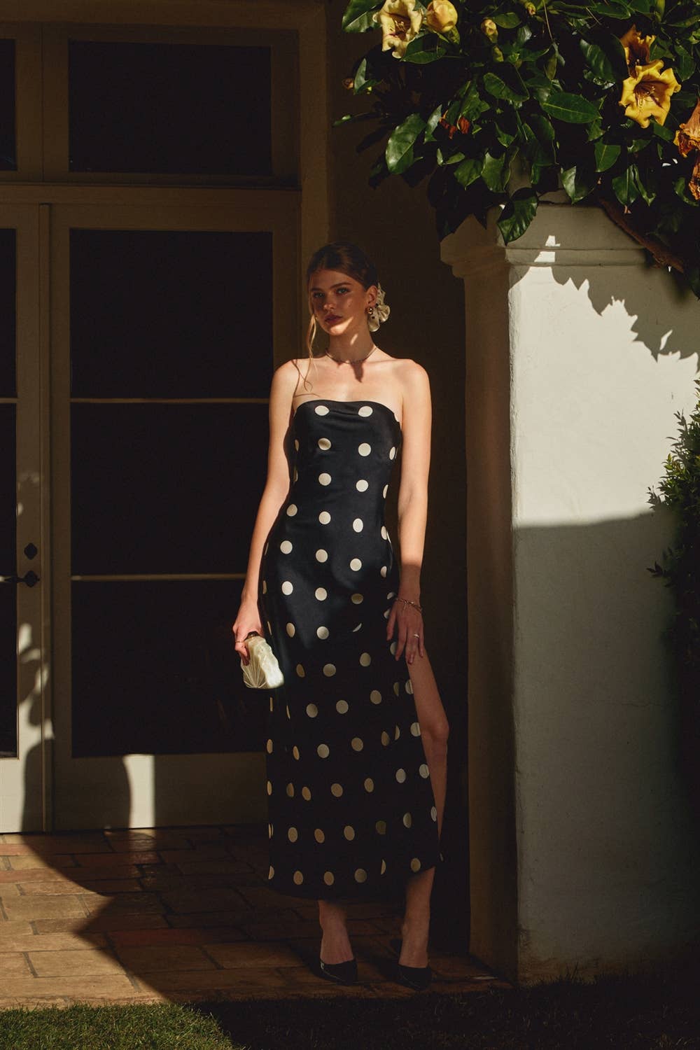 Polka Dot Satin Strapless Maxi Dress