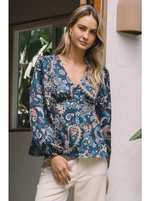 Paisley Print V-Neck Blouse|8092