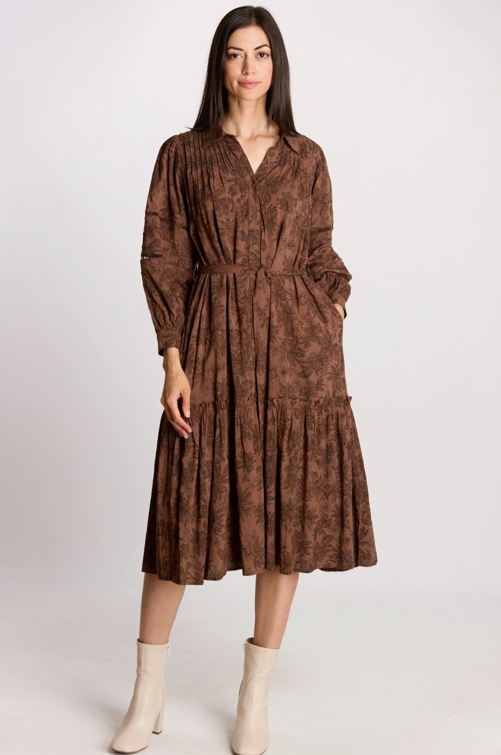 Eyelet Trim Puffed Long Sleeve Dress|8255
