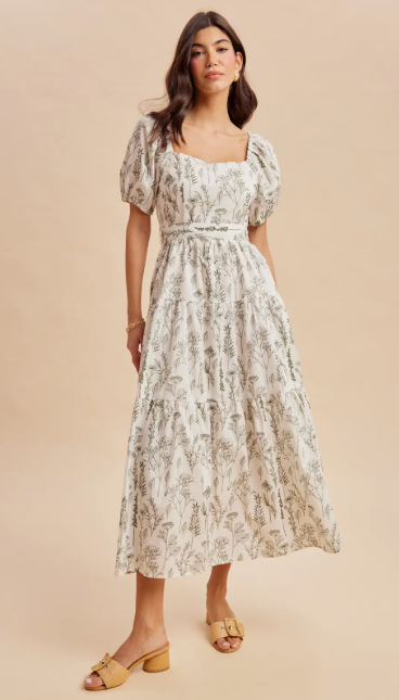 Floral Fern Tiered Square Neck Maxi|7495