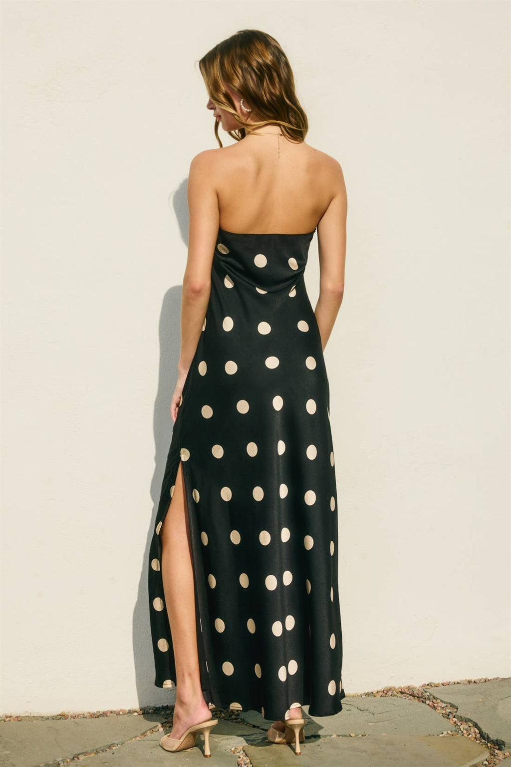 Polka Dot Satin Strapless Maxi Dress