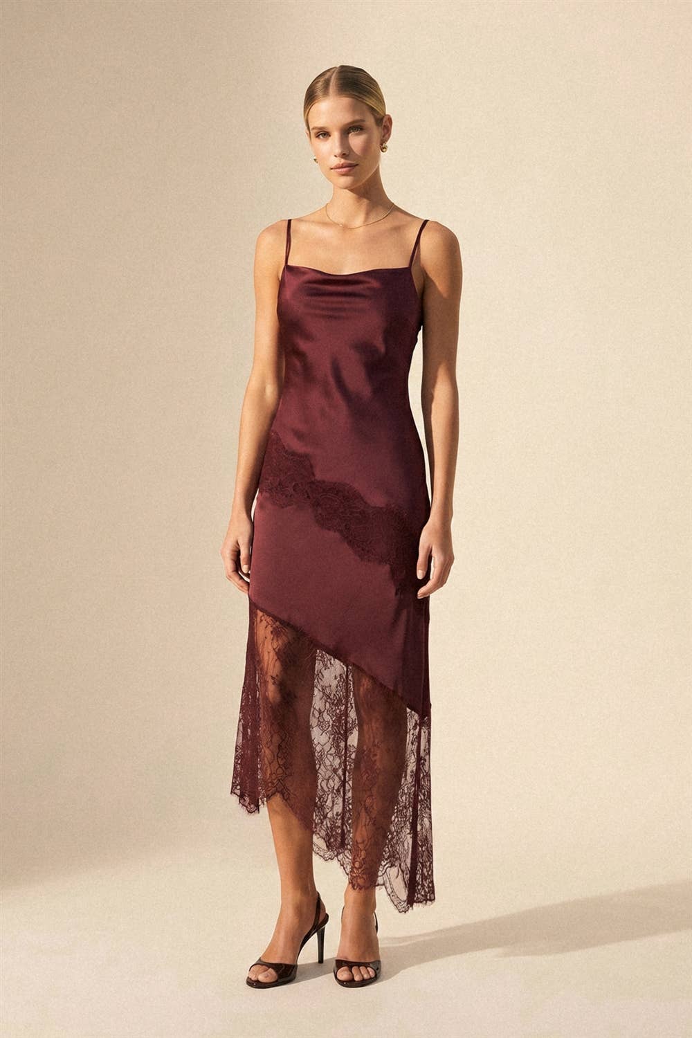 Asymmetrical Lace Trim Midi Slip Dress