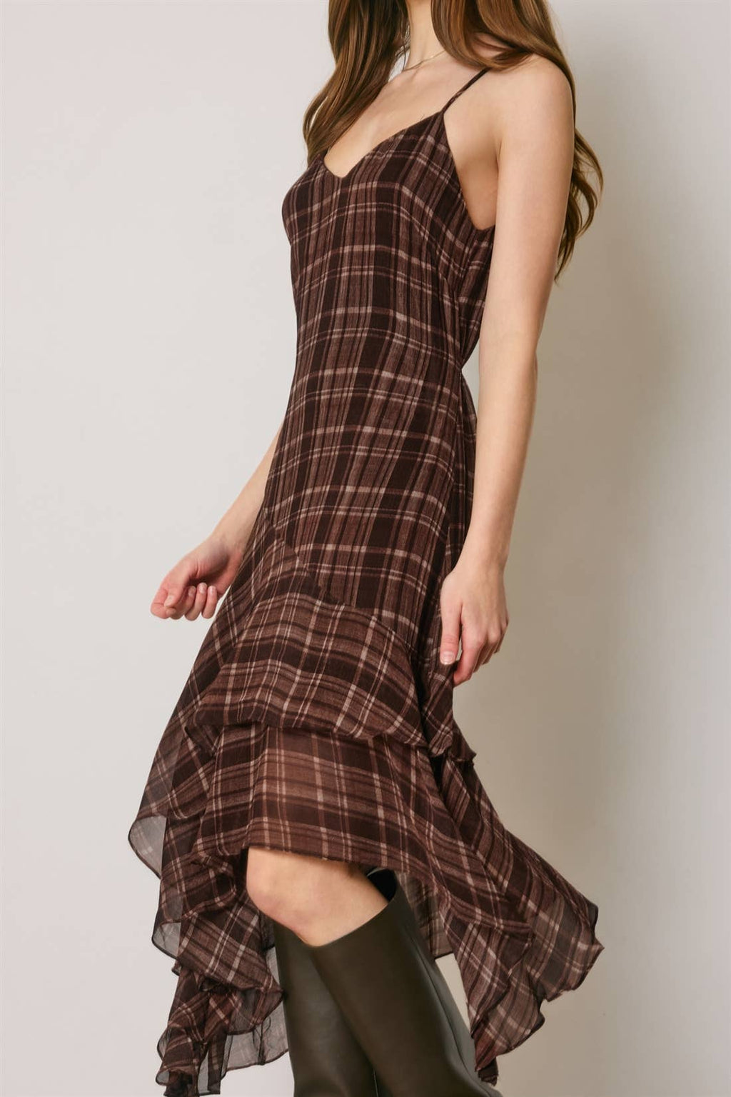 Plaid Asymmetrical Ruffle Tiered Midi Dress