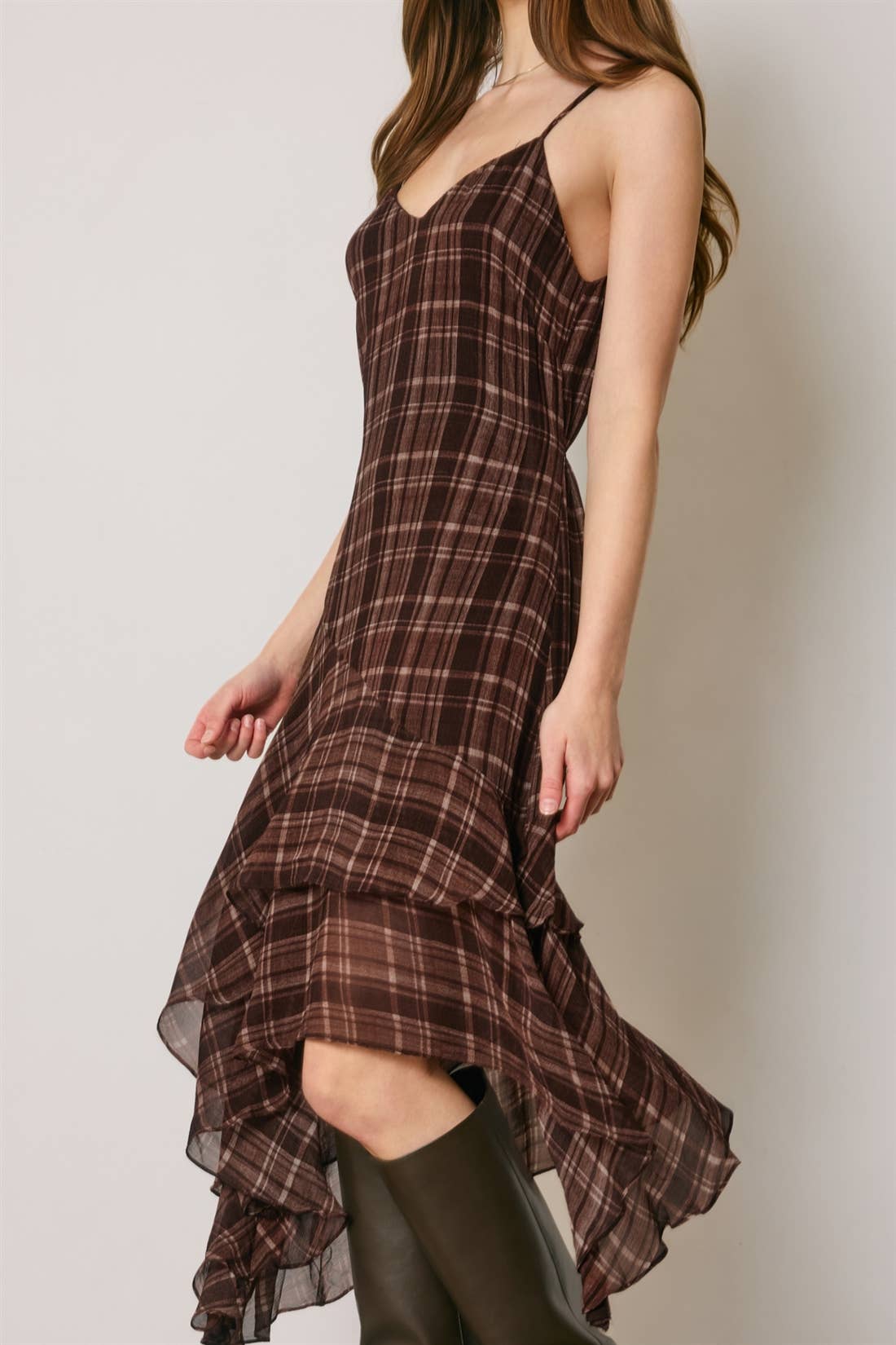 Plaid Asymmetrical Ruffle Tiered Midi Dress