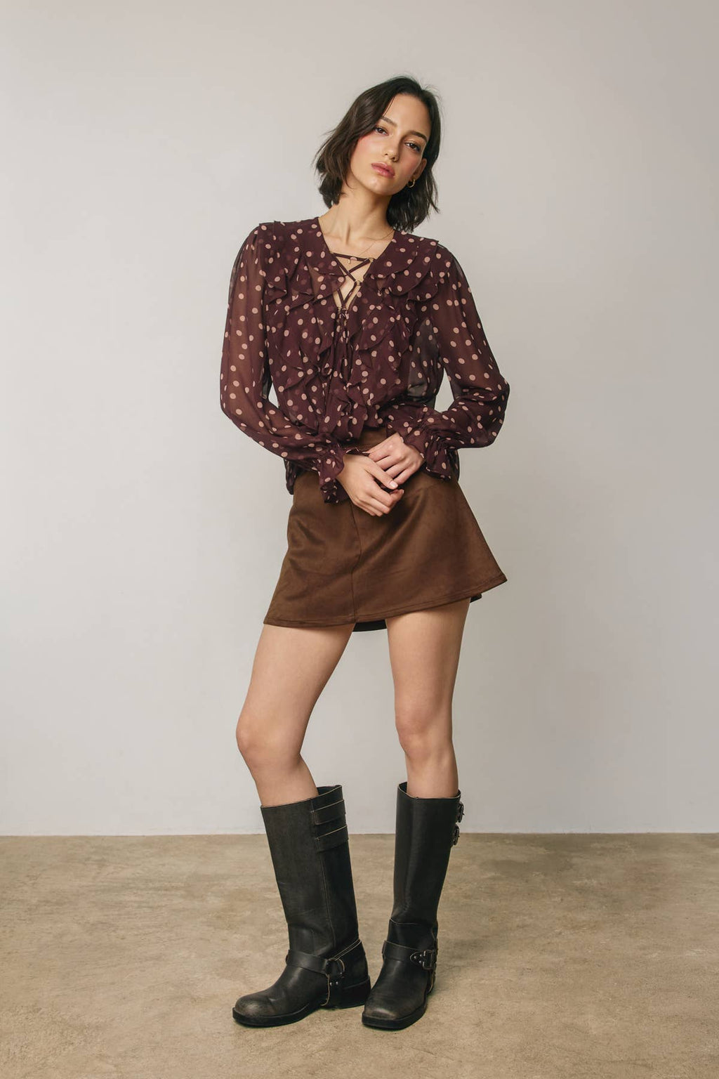 Polka Dot Lace Up Ruffled Blouse