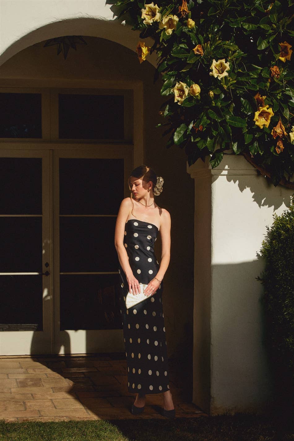 Polka Dot Satin Strapless Maxi Dress