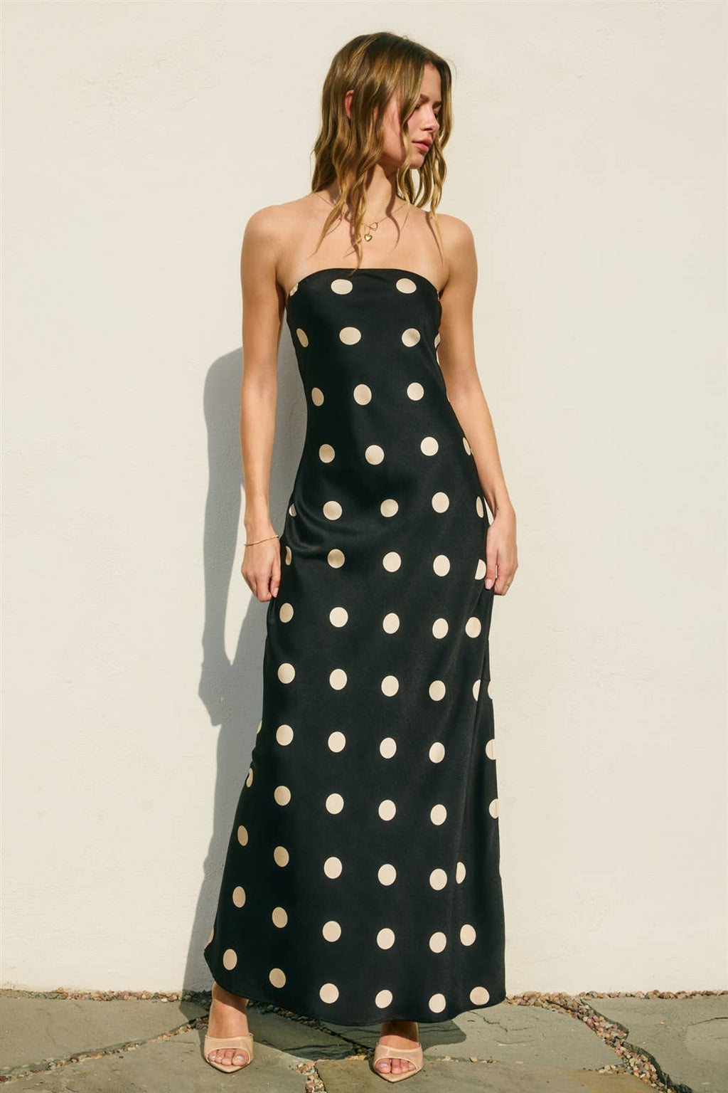 Polka Dot Satin Strapless Maxi Dress