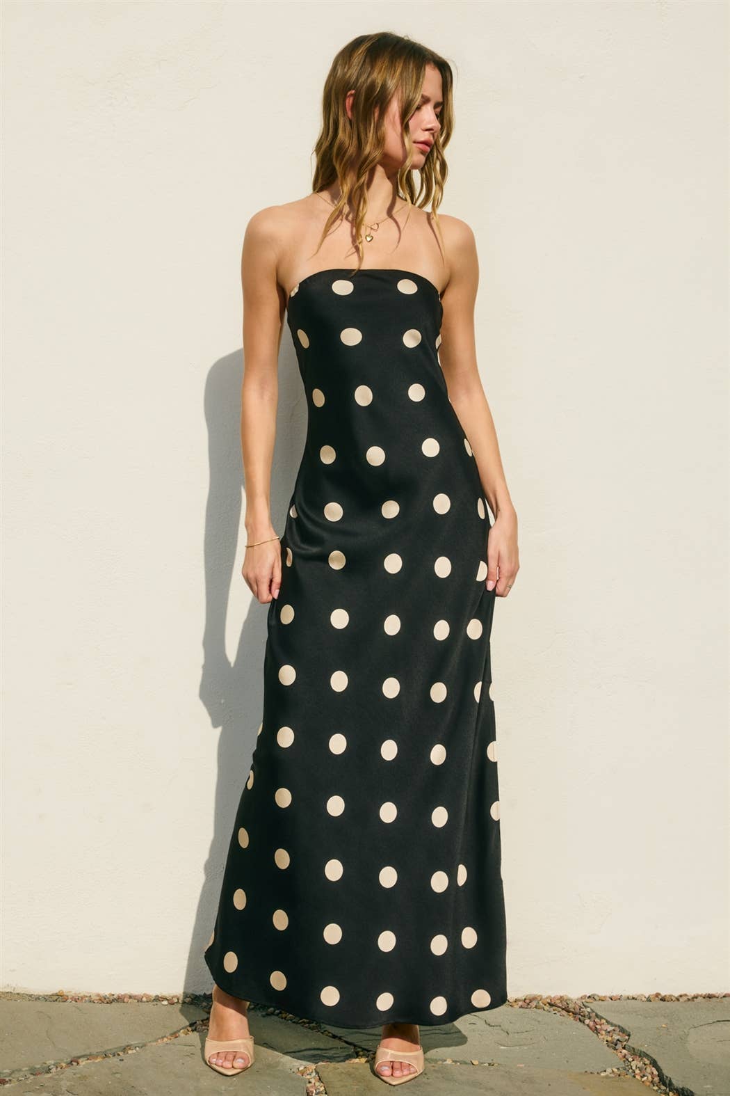 Polka Dot Satin Strapless Maxi Dress
