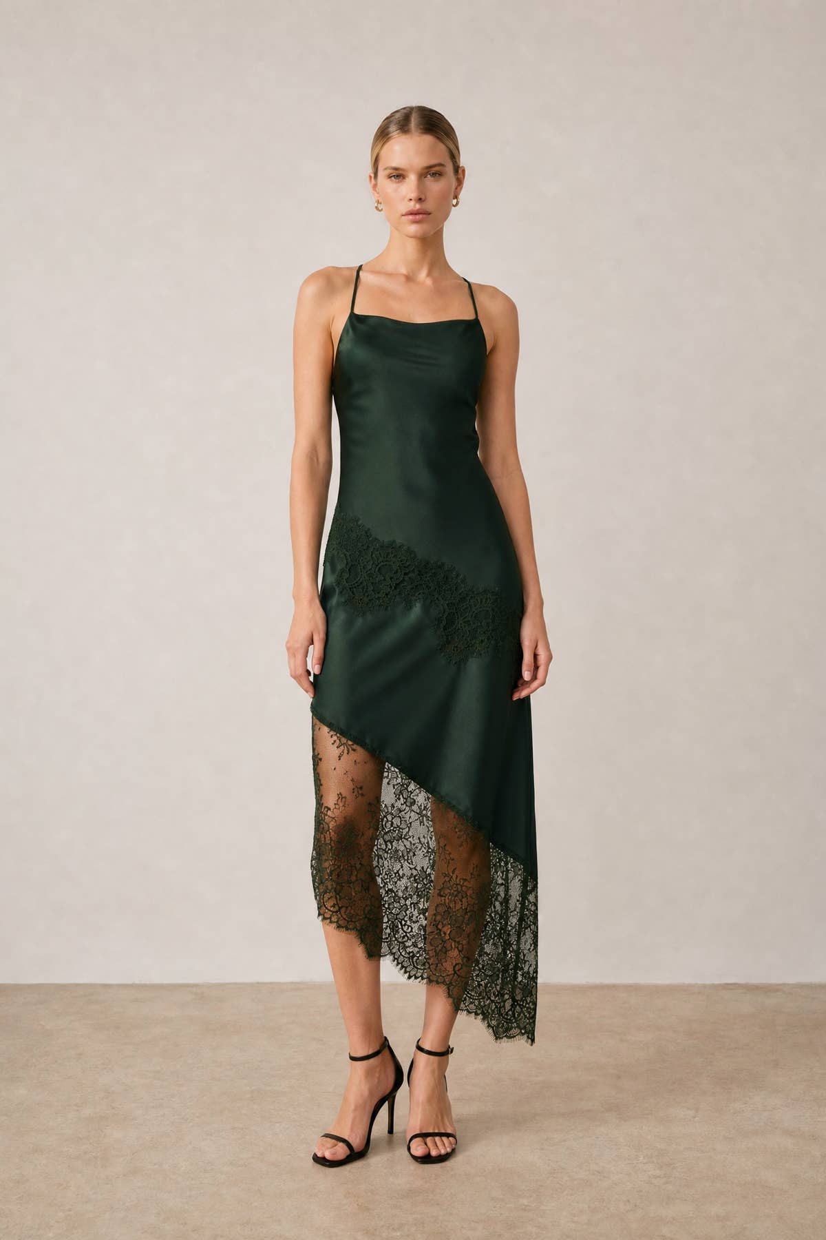 Asymmetrical Lace Trim Midi Slip Dress