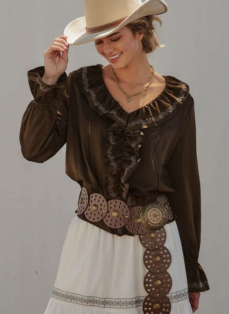 Embroidered Ruffle Western Prairie Blouse|8363