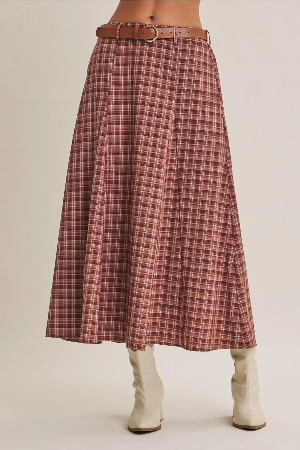 Plaid Flare Maxi Skirt w/ Belt|8074