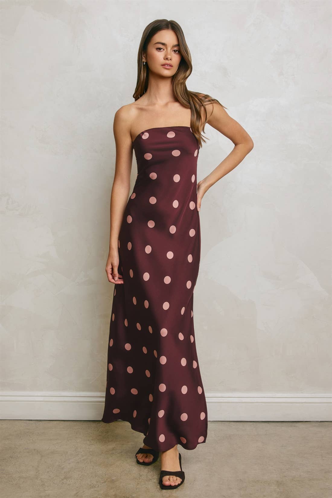 Polka Dot Satin Strapless Maxi Dress