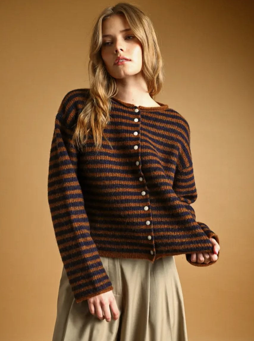 Striped Button Up Cardigan - Navy/Brwn|8096