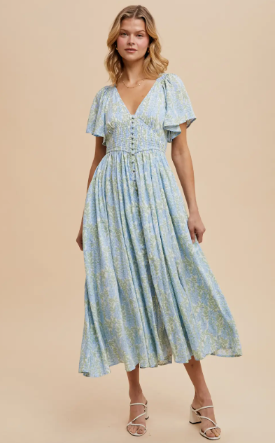 Cornflower Smocked Waist Button Down Maxi|7502