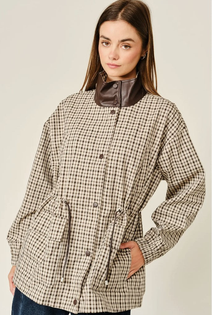 Leather PLaid Detail Jacket|8243
