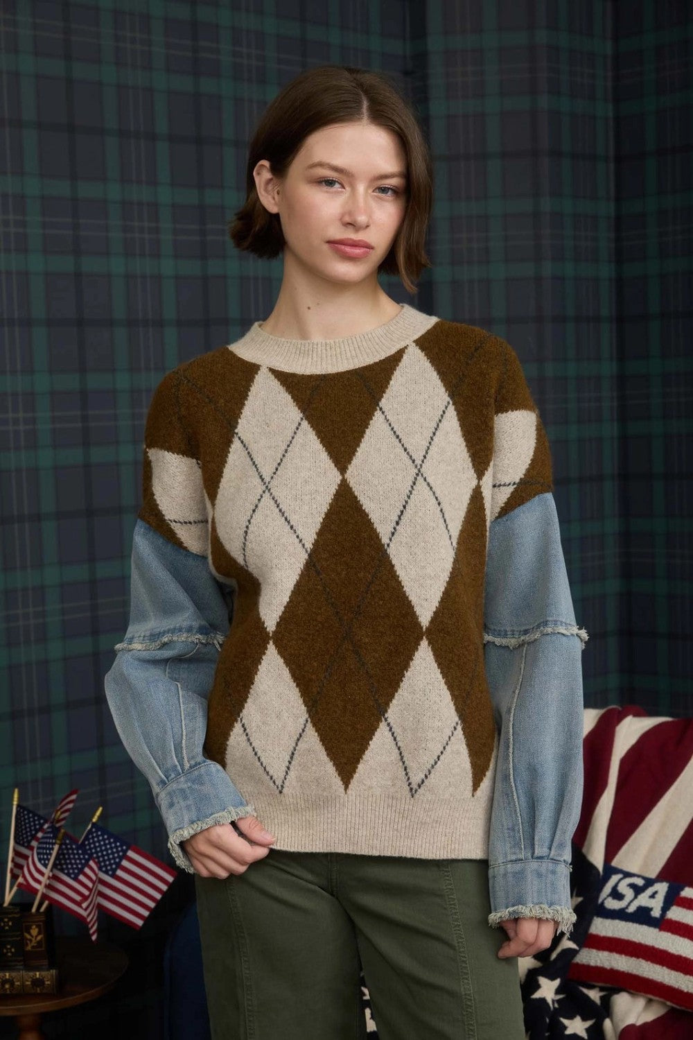 Argyle Distressed Denim Sleeve Sweater|8006