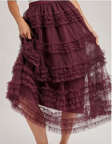 Ruffle Tiered Tulle Midi Skirt plum|6341