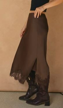 Dull Satin Lace Hem Pencil Skirt|6358