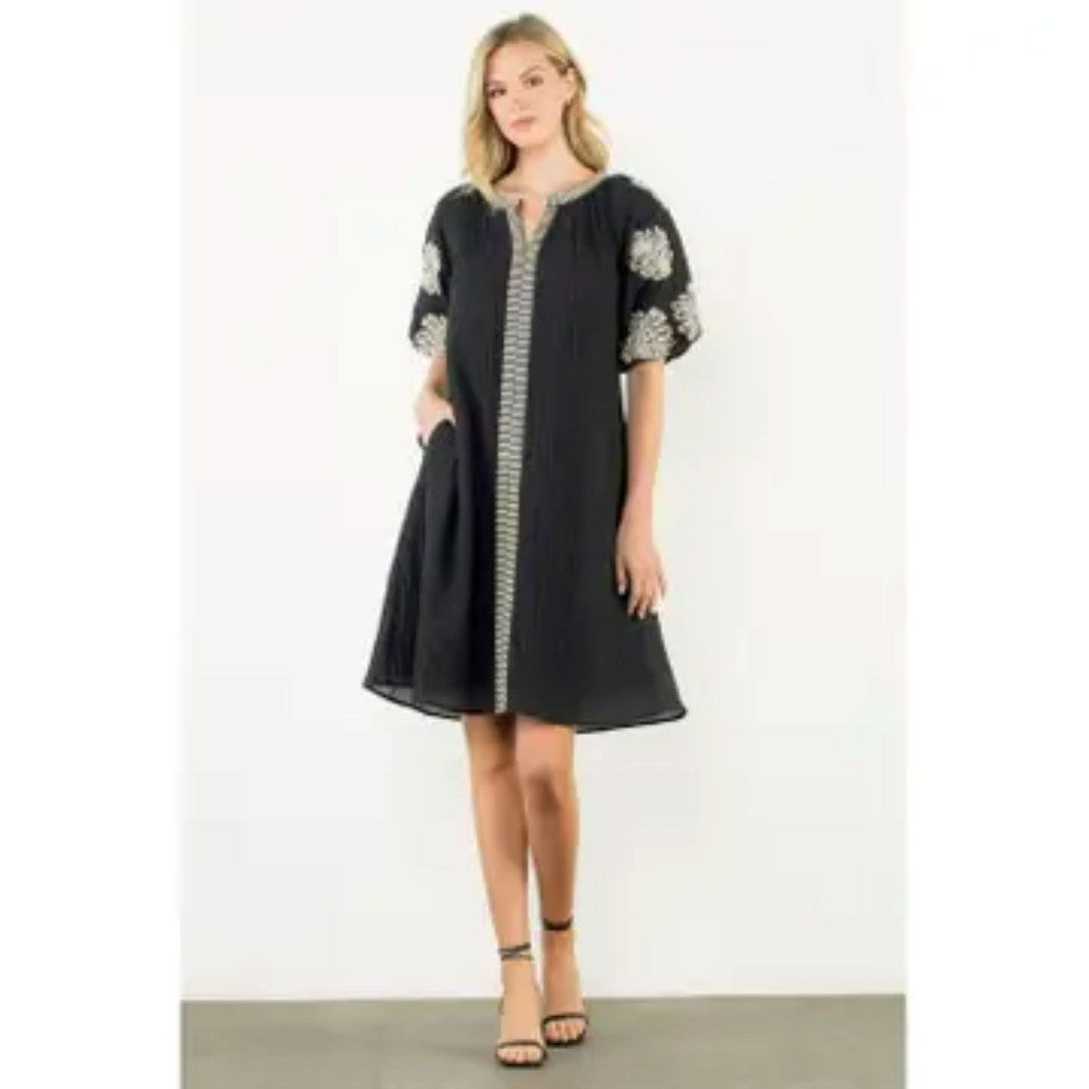 Embroidered Puff Sleeve Dress|6483