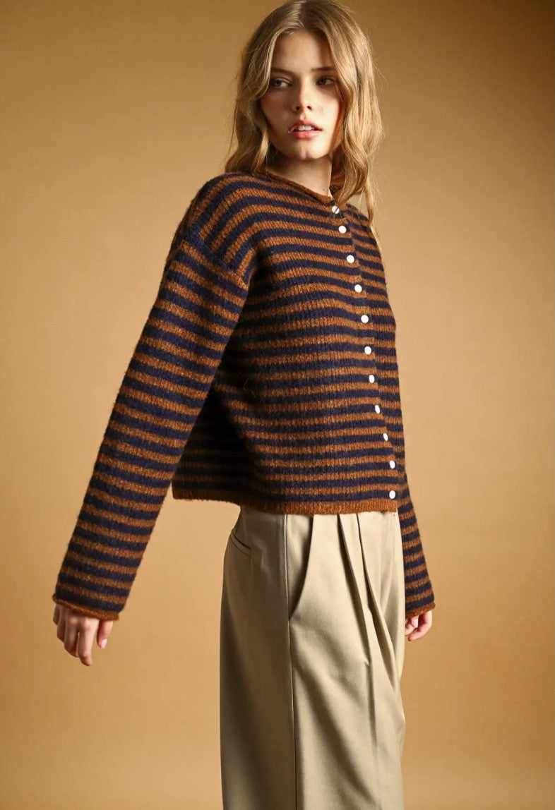 Striped Button Up Cardigan - Navy/Brwn|8097