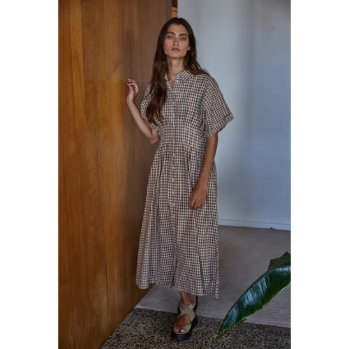 Brown Gingham Buttondown Flare Maxi|6534