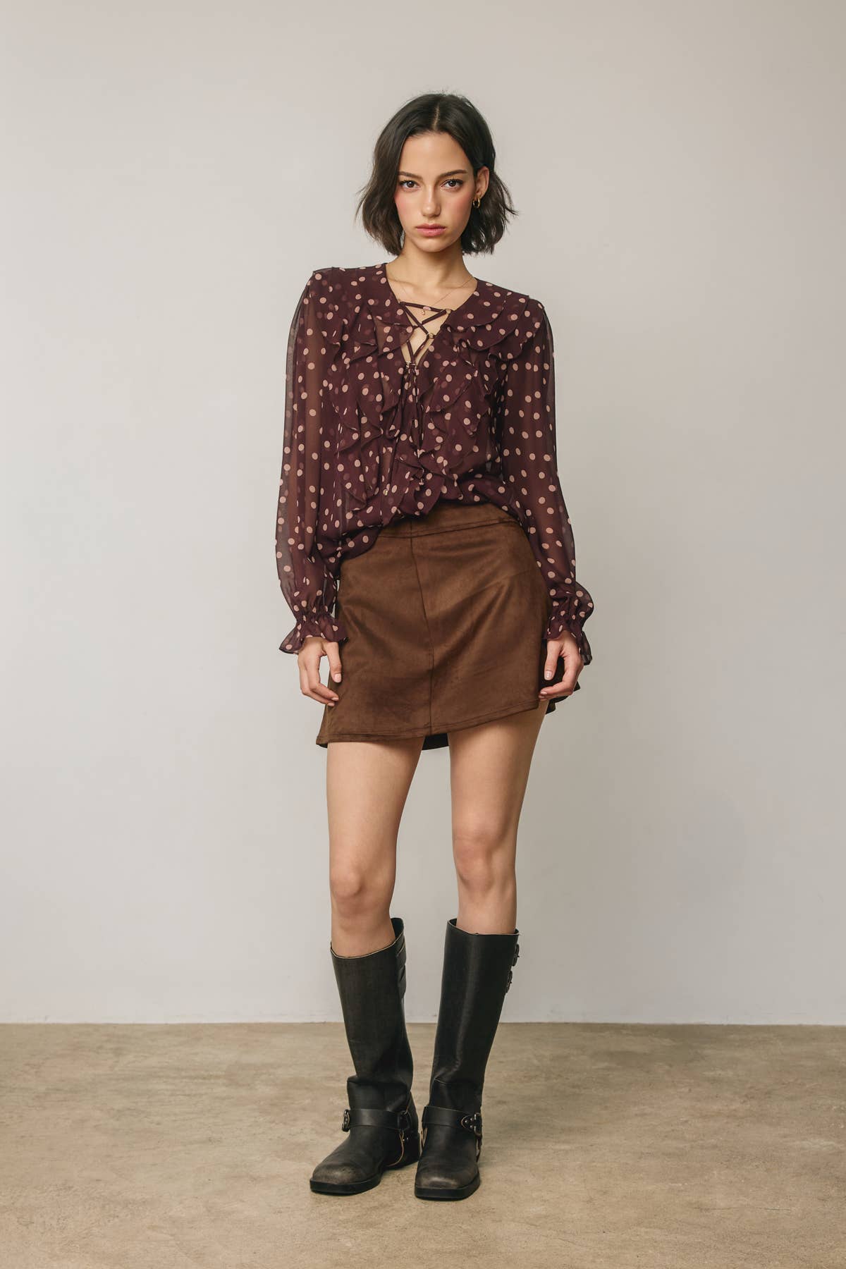 Polka Dot Lace Up Ruffled Blouse