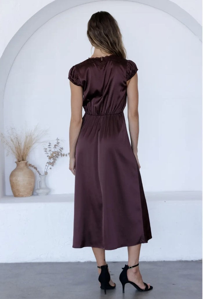Satin Lace Trim Midi Dress|8353