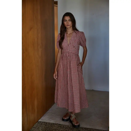 Red Cotton Gingham Buttondown Dress|6533